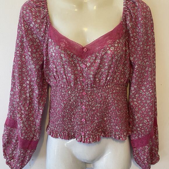 Y2K AmericanEagle Blouse Top M Floral Coquette Peasant Smocked Cottagecore Beach - Picture 1 of 8